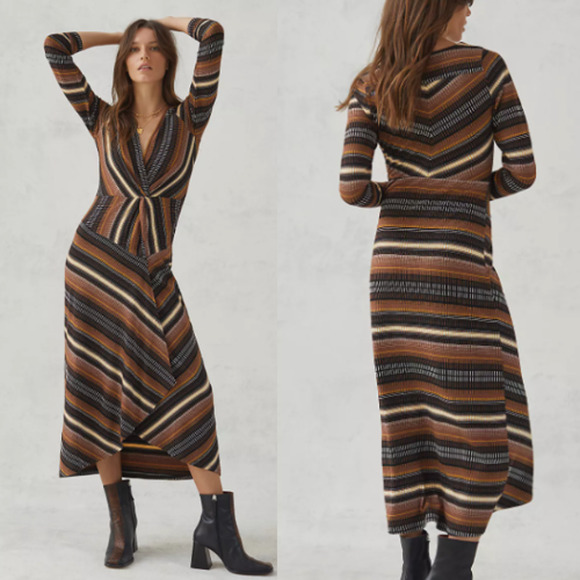 NWT Maeve by Anthropologie Striped Wrap Midi Dress Brown Multi Women's Size XS - Picture 1 of 7